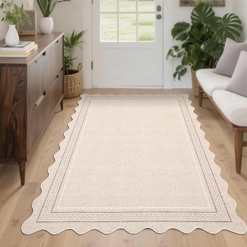 GarveeHome Scalloped 3x5 Washable Rug for Entryway Non-Slip Low Pile, Beige | Super Soft Entryway Rug, Printed Faux Wool Boho 3x5 Area Rug Thin Floor Carpet for Kitchen, Bedroom, Office, Living Room - color: Beige, size: 3' x 5' (Rectangular)