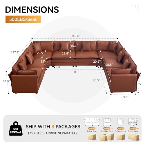 147'' Oversized U Shaped Cloud Sectional Sofa, Leather Deep Seat Couches for Living Room, Comfy Upholstered Modular Sectional Sofa Couch, Leather Brown - color: Pu-dark Brown, size: 147'' Oversized U Shape