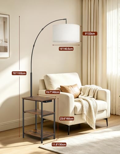 76'' Tall Arc Floor Lamp with Table & Remote, Side End Table with Charging Station, Dimmable Nightstand with 3 Color Temperatures, 1-Hour Timer, 9W LED Bulb for Living Room, Bedroom - color: Rustic Brown With Beige Shade