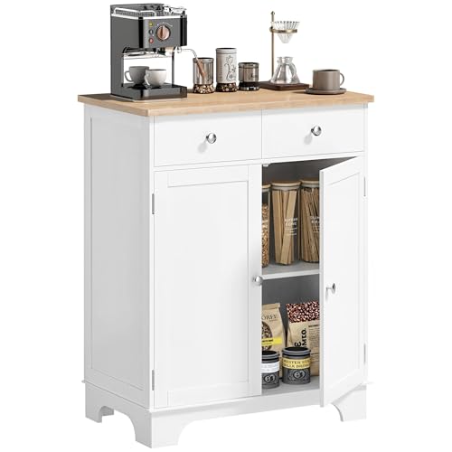 HOMCOM Sideboard Buffet Cabinet Solid Wood Countertop White | Modern Kitchen Storage, Coffee Bar Cabinet, 2 Drawers, Doors, Adjustable Shelf - color: White, size: 26.75" x 15.75" x 33.5"