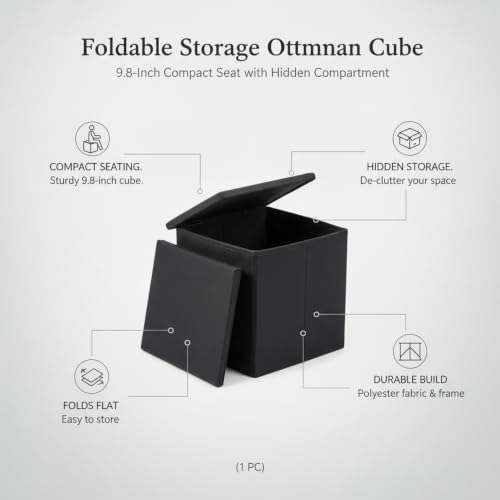 9.84-Inch Foldable Storage Ottoman Cube, Compact Polyester Seat with Hidden Compartment for Entryway and Living Room