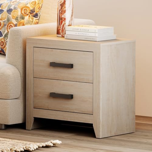 WAMPAT Nightstand with 2 Large Drawers,Wooden Nightstand with Storage,Farmhouse Bedside Table End Table for Bedroom, Beige - color: Beige