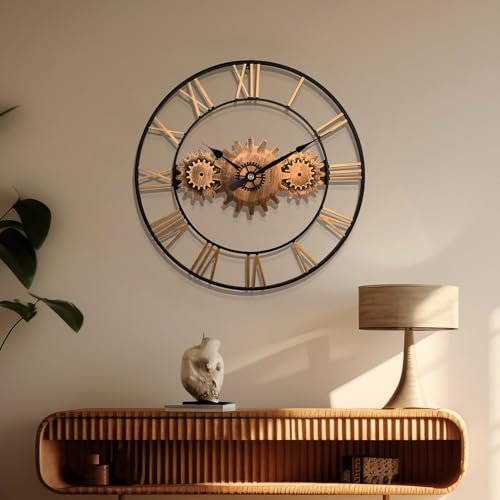 Mid Century Wall Clock for Living Room Decor Gold Modern Metal Large Silent Kitchen Big Wall Clock Art for Bedroom Decorative Office Non Ticking Battery Operated Wall Watch 24 Inch - color: Gold Roman Numerals
