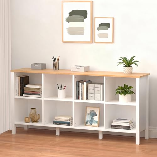 8-Cube Bookcase, Farmhouse Wooden Bookshelf Low Storage Organizer, 59" Horizontal White Console with Legs, Hallway Book Case for Entryway, Display Cabinet for Living Room (White, 8-Cube) - color: White, size: 8-Cube