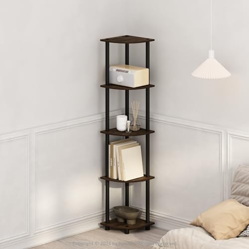 Furinno Turn-N-Tube Storage Shelves, 5-Tier Book Shelf, Corner Shelf, Toolless Open Shelves, for Organization and Storage, Living Room, Home Office, Hallway, Bedroom, Amber Pine - color: Amber Pine/Black, size: 5-Tier Corner (11.6 x 11.6 x 57.7 inches)