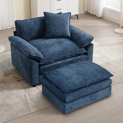 Oversized Chair with Ottoman, Comfy Chenille Accent Chair Large Upholstered Armchair with Thick and Deep Seat Lounge Chair for Living Room,Bedroom,Apartment, Blue - color: Blue, size: 1(chair+ottoman)