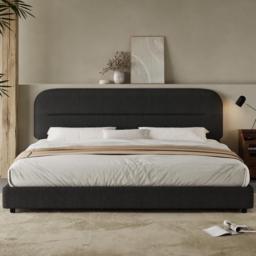 HOMBCK King Size Boucle Bed Frame, Upholstered Cloud Bed Frame with Headboard, Soft Platform Bed Frame with Thickened Footboard, Rounded Corners, No Box Spring Required, Easy Assembly, Black - color: Black, size: King