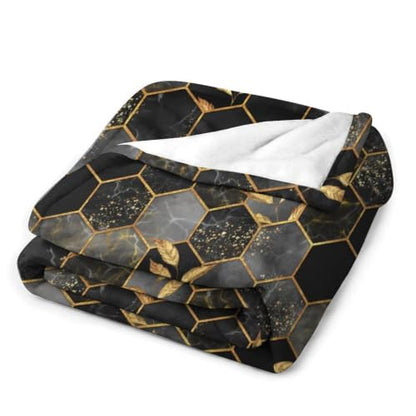 Marble Throw Blanket Black Honeycomb Grid Golden Leaves Pattern Soft Lightweight Warm Plush Blankets for Sofa Bedroom 60"x80" - color: Marble-10, size: 60"x80"