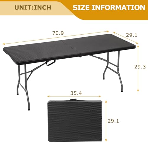 6FT Folding Table, Heavy Duty Plastic Table Portable Fold-in-Half Utility Table Indoor Outdoor Picnic Table w/Handle & Lock for Camping BBQ Party Wedding Market Events, Black Ratten - size: 6FT-Black Ratten