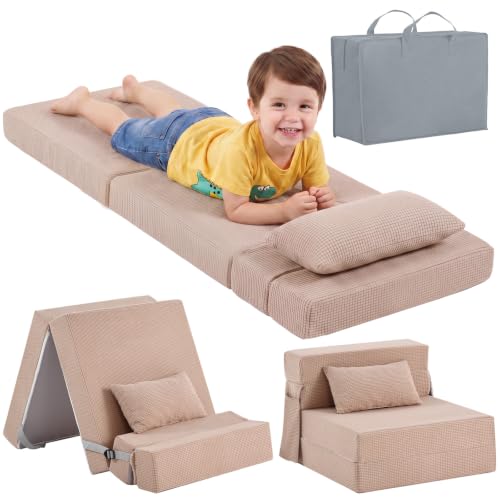 Kids Folding Sofa Bed, Floor Mattress, Foldable Futon Mattress | Toddler Fold Out Couch, Foldable Floor Nap Mat, Washable Kids Mattress with Storage Bag for Travel Camping Outdoor Use，Camel - color: Waffle Camel