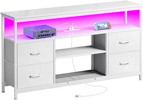 Huuger TV Stand Dresser with Power Outlets and LED Lights, 4 Drawers Entertainment Center with Shelves, 54 Inch Media Console for 55 60 Inch TV, 4 AC Outlets, 2 USBs, Dresser with PU Finish, White - color: White, size: 54 Inches