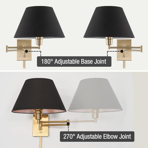 Kira Home Cambridge 15" Modern Swing Arm Wall Sconce + 3-Way Switch, 2-Pack | Black Empire Fabric Shade, 2-in-1 Plug In or Hardwired Gold Bedroom Wall Lamp with Dimmer Switch, Cool Brass Finish - color: Cool Brass,Black Shade,2-Pack