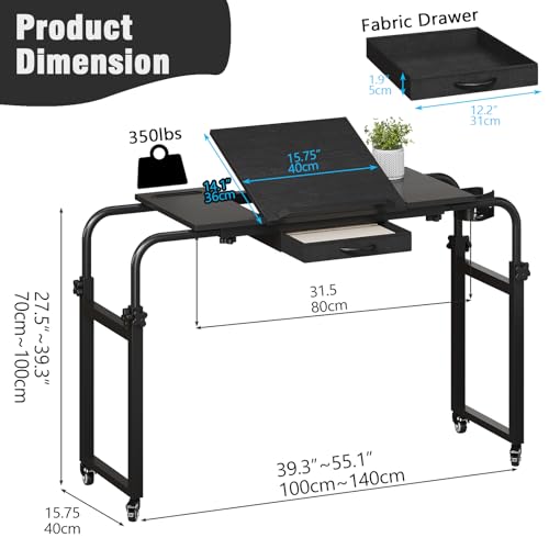 GiftGo Overbed Table with Wheels Rolling Laptop Desk Cart Over Recliner Wheelchair Table Adjustable for Hospital and Home Use Over The Bed Table with Storage Drawer and Cup Holder (Black) - color: Black