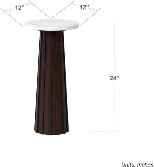 Relso Ma'gro Drink Table – Solid Mango Wood Fluted Base with Real White Marble Top | Farmhouse Accent Side Table for Boho Decor, Bedside, Entryway, Plant Stand, Night Stand & Small Living Spaces - color: Walnut With Marble Top