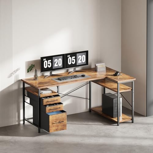 L Shaped Desk with Drawers, Office Desk with Storage Shelves, Brown | 55in Desktop, Sturdy Metal Frame, Adjustable Pads, Corner Desk, Computer & Writing Desk, Compact Gaming Workstation - color: Rustic Brown, size: 55Inches