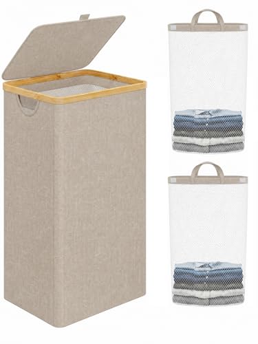 IEGrow Laundry Hamper with Lid,110L Laundry Basket with 2 Mesh Bags,Oatmeal | Dirty Clothes Hamper Basket with Bamboo Handle for Clothes Towels - color: Oatmeal, size: 111L
