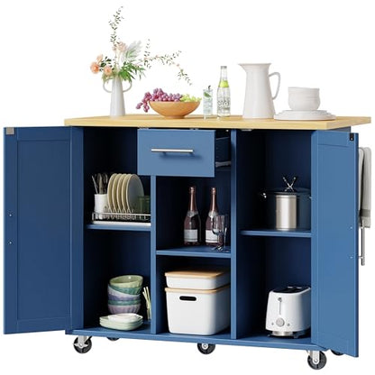 Shintenchi Kitchen Island with Storage, Bar Cart Cabinet Island Table on Wheels, Rolling Microwave Cart for Kitchen with Drop Leaf, Drawers, Towel Rack, Seating Area for Dining Room, Blue - color: Blue-42 Inch
