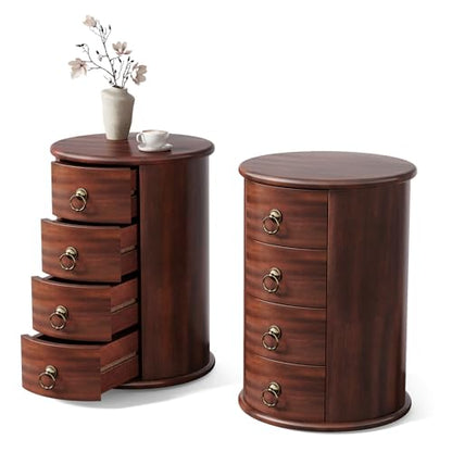 LITTLE TREE Night Stand Set of 2, Small Solid Wood Side Table with 4 Drawers, Mid Century Round End Tables with Storage for Living Room, Bedroom, Small Spaces, Couch, Bedside, No Assembly Required - size: 2