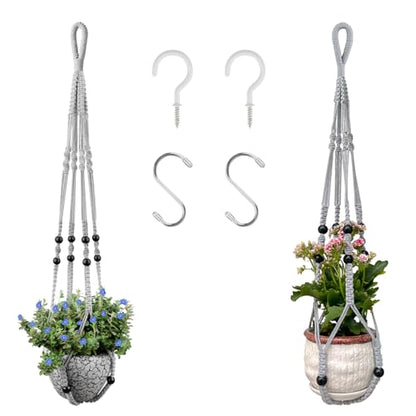 Macrame Plant Hanger for 5 to 10 Inch Plant Pots, Set of 2 Indoor Handmade 35 Inch Woven Rope Hanger Kits with Hooks and Wood Beads, Hanging Planter Basket Holder for Boho Home Decor (Grey, 2 Pack) | 35 Inch Hanging Planter with Hooks, Fits 5-10" Pots, Su
