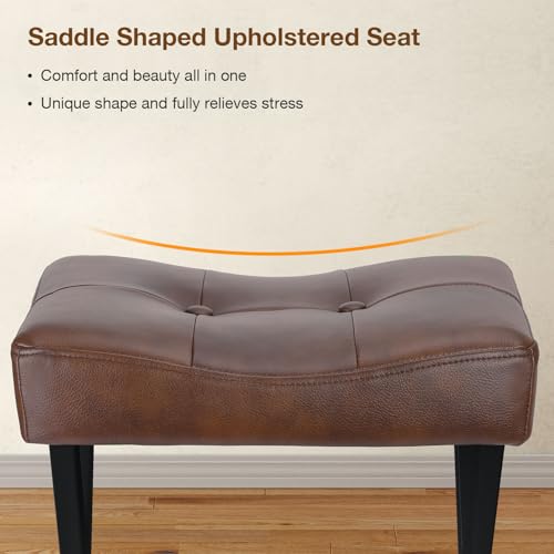 18-Inch Leather Vanity Stool Chair, Dark Brown Makeup Stool | Vanity Bench, Metal X-Leg, Ottoman Accent Stool, Thick Padded Saddle Seat, 300 LBS, 16.3"x12.4"x18", For Bedroom, Closet - size: Small, style: Dark Brown Leather