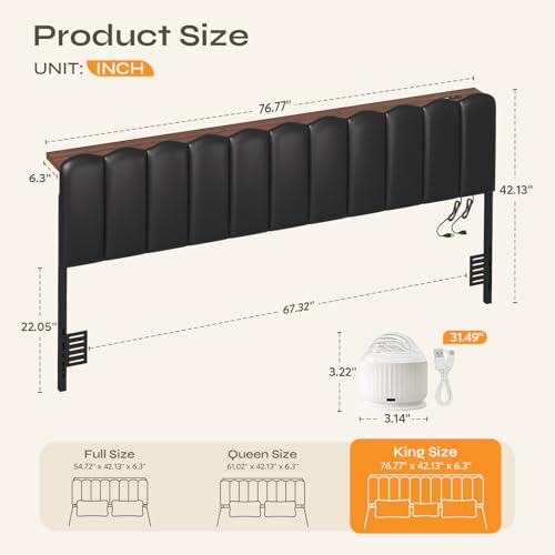 King Aurora Light Headboard with Storage Shelf, Black | Aurora ceiling projector, scalloped tufted design, USB-A & Type-C ports, storage shelf, adjustable height, foam padded - color: Black-with Aurora Light, size: King