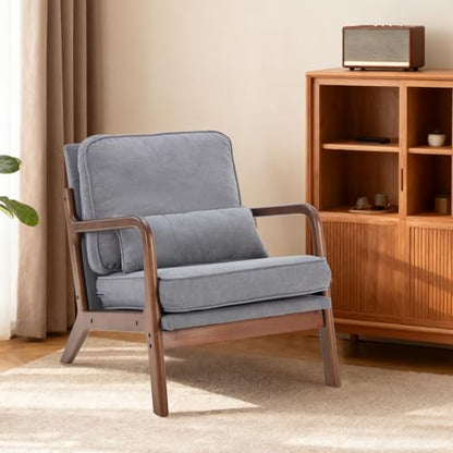 DUMOS Mid Century Modern Accent Chair, 16'' Seat Height Cozy Lounge Chair | Upholstered Armchair with Waist Cushion and Wood Frame for Living Room, Bedroom, Reading Nook, Balcony, Light Grey - color: Light Grey, size: 1 Pack