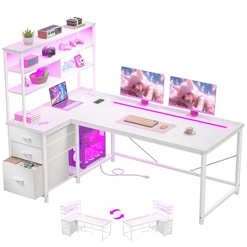 DurayLoly L Shaped White Desk with 3 Drawers,Shelf and PC Stand for Storage | 3 Silent Fabric Drawers, 3-Tier Shelf, Raised PC stand; Storing Books or Crafts, Moisture for Tidy Compact Rooms - color: White, size: 18.9"D x 47.2"W x 59"H