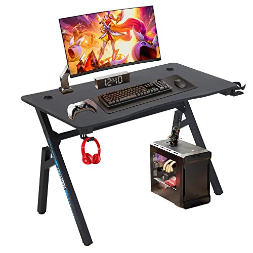BestOffice | 47" Gaming Table | Blue | R-Shaped Computer Desk | with Steel Frame, Headphone Hook, Adjustable Feet | Carbon Fiber Texture| Easy to Clean | for Gaming, Home Office - color: Blue, size: 47 Inch R Shaped