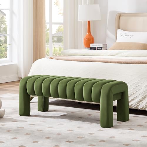 43.3” Dining Room Bench, Olive Green Tufted Upholstered End of Bed Bench, Modern Entryway Ottoman Window Seat with Solid Wood Legs and Padded Seat for Bedroom, Hallway and Living Room (Velvet) - color: Olive Green Velvet, size: 43.3"