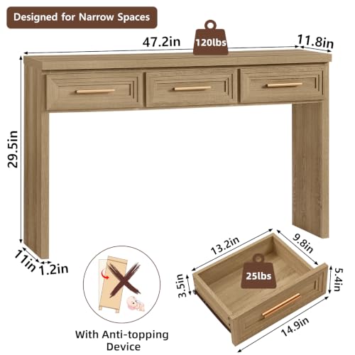 RWYHG 47" Entryway Table with 3 Drawers, Modern Wood Console Table, Oak | Layered Drawer Front Design , Open Bottom Storage, Farmhouse Behind Couch Table, Entry Table for Living Room Hallway& Foyer - color: Oak