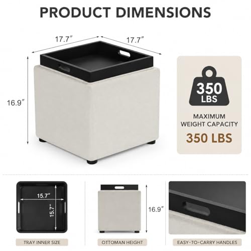 Storage Square Ottoman with Tray, Small Fabric Foot Rest Stool Cube, Coffee Table for Dorm Living Room Bedroom, White - color: White