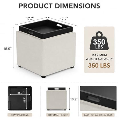 Storage Square Ottoman with Tray, Small Fabric Foot Rest Stool Cube, Coffee Table for Dorm Living Room Bedroom, White - color: White