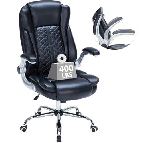 400lbs Executive Office Chair with Flip-Up Armrests, Big and Tall Computer Chair for Heavy People, Heavy Duty Ergonomic Comfy Chair, Breathable PU Leather (Black) - color: Black