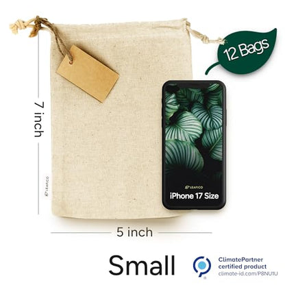 Organic Cotton Reusable Produce Bags - Small 5x7 (12 Pack) - Biodegradable Eco-Friendly Bulk Bin Sacks for Food - Cloth Bags with Drawstrings - Linen Pouch for Fruit, Vegetable Storage - size: Small 5x7" (12 Pack)
