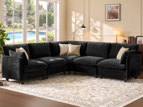 Ihanherry 107" Oversized V-Shaped Modular Sectional Sofa, Cloud Couch with Corner Section, Large Cushions, Chenille Deep Seat Couch for Living Room, Black - color: Black, size: 107” 5 Seat V Sofa