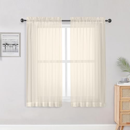 Sheer Curtains, Cream Sheer Curtains 50 Inch Length 2 Panels Set, Rod Pocket Voile Fimly Sheer Drapes for Living Room Bedroom, 2pcs, Cream, Each 42" W x 50" L - color: Cream, size: 42"W x 50"L (Pack of 2)