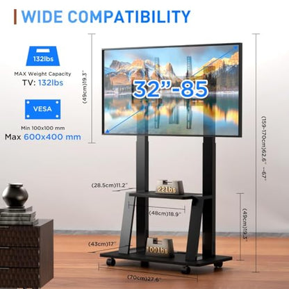 Rolling TV Stand for 32-80 Inch TVs, Mobile TV Cart with Power Outlet, Outdoor TV Stand with Wheels, Portable tv Stands for LCD OLED 4K Flat/Curved Panels Max VESA 600x400mm (Black) | TV Stand for Living Room, Outdoor TV Stand with Wheels, TV Stands for L