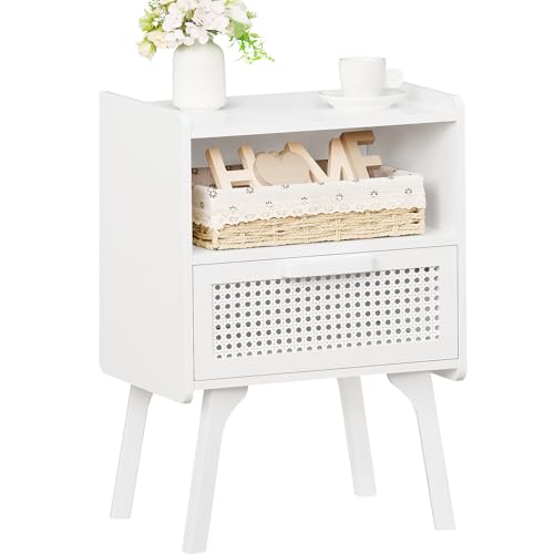 Lerliuo Rattan Nightstand, Side Table with Drawer Open Shelf | Cane Accent Bedside End Table with Solid Wood Legs, Mid Century Modern Night Stand for Bedroom, Dorm and Small Spaces (White) - color: White, size: 1 pack