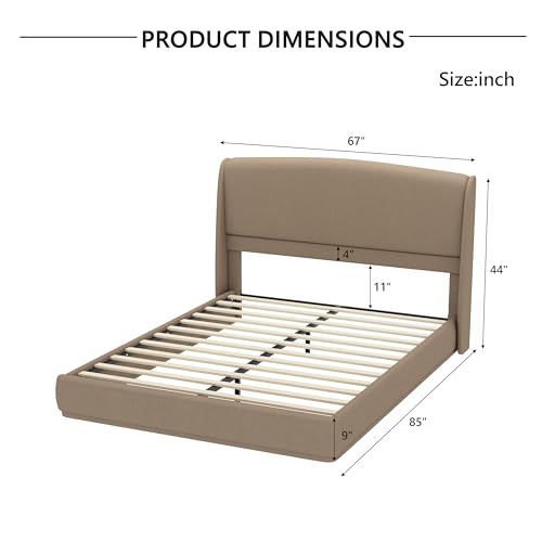 RuiSiSi Queen Size Upholstered Bed with Wingback Headboard, Low Profile Linen Fabric Platform Bed Frame, Strong Wood Slats, No Box Spring Needed, Easy Assembly, Brown - color: Brown