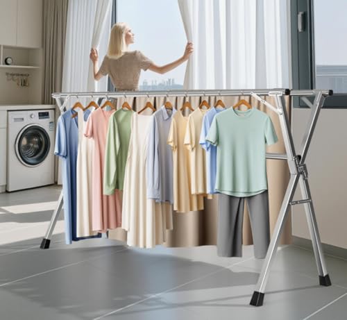 Folding Stainless Steel Laundry Drying Rack 79 Inches | Heavy-duty stainless steel, Foldable & Retractable, Holds up to 150 lbs, Includes 20 windproof hooks for indoor & outdoor use - size: 79''