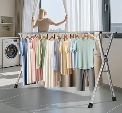 Folding Stainless Steel Laundry Drying Rack 79 Inches | Heavy-duty stainless steel, Foldable & Retractable, Holds up to 150 lbs, Includes 20 windproof hooks for indoor & outdoor use - size: 79''