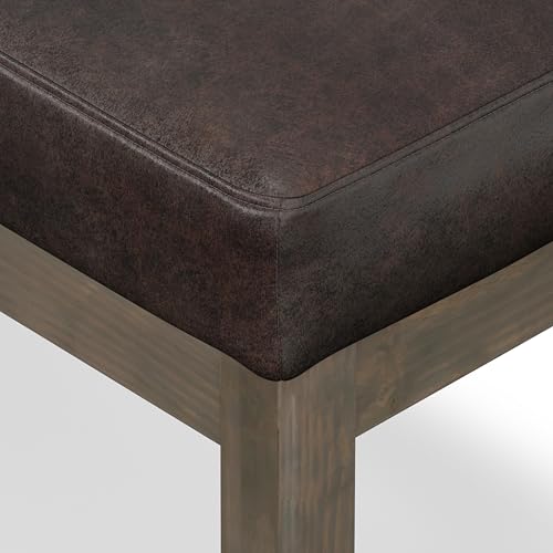 SIMPLIHOME Milltown 27" Wide Vegan Leather Ottoman in Distressed Brown | Contemporary ottoman with a cushioned seat for bedroom seating; rectangle footstool, footrest or bench. - color: Distressed Brown, style: Small Ottoman Bench