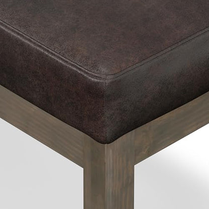 SIMPLIHOME Milltown 27" Wide Vegan Leather Ottoman in Distressed Brown | Contemporary ottoman with a cushioned seat for bedroom seating; rectangle footstool, footrest or bench. - color: Distressed Brown, style: Small Ottoman Bench