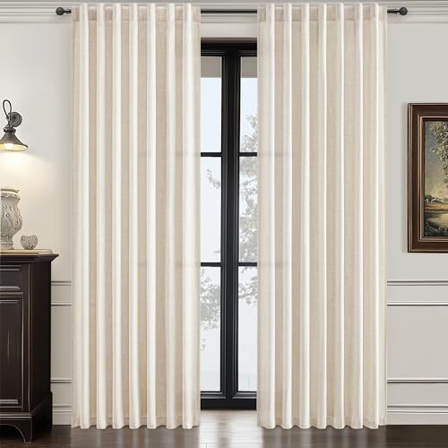 Cream Linen 86 Inch Long Curtains for Living Room, Semi Sheer Rustic Light Filtering Privacy Window Curtain for Track System Back Tab&Tiebacks Patio Door BeigeWhite Pleated Drapes 52"Wx86"L 2 Panels - color: Birch, size: 52"W x 86"L (Pack of 2)