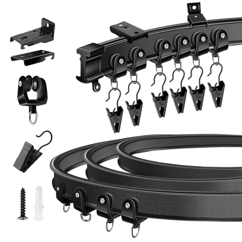 KOLAKO Ceiling Curtain Track, Flexible Bendable Curtain Track Wall or Ceiling Mount, Black 8.2Ft Curved Curtain Tracks System Sliding RV Shower Curtain Rail Track with Clips, Room Divider - color: Black, size: 8.2Ft