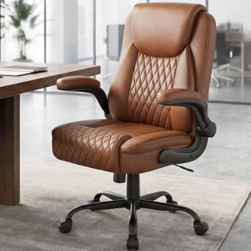 GTPOFFICE Executive Office Chair with Comfortable Lumbar Support, Ergonomic Gaming Chair with Flip-up Armrests & Zoned Pressure-Relief Cushion, Comfy PU Leather Desk Chair, Brown - color: Brown