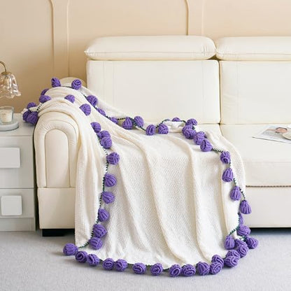 Crochet Flower Bouquet Throw Blanket, Handmade Knitted Blanket with Tulip, Cute Romantic Gift for Her Girlfriend Mom Mother’s Day Valentine Wedding Anniversary Birthday, Purple 60 Inches - color: Tulip, size: 60 Inches