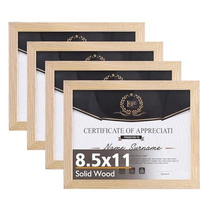 8.5x11 Picture Frame Natural, Solid Wood Diploma Frames with Acrylic Plexiglass for Pictures, Certificate Degree Document Frame Tabletop and Wall Mounting Display, Set of 4 - color: Natural, size: 8.5x11