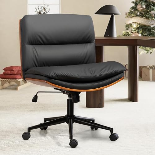 Armless Modern Walnut Office Desk Chair with Wheels, PU Leather Adjustable Wide Swivel Task Chair, Ergonomic Cross Legged Computer Chair for Conference Room, Home Office (Black) - color: Black