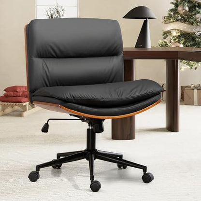 Armless Modern Walnut Office Desk Chair with Wheels, PU Leather Adjustable Wide Swivel Task Chair, Ergonomic Cross Legged Computer Chair for Conference Room, Home Office (Black) - color: Black